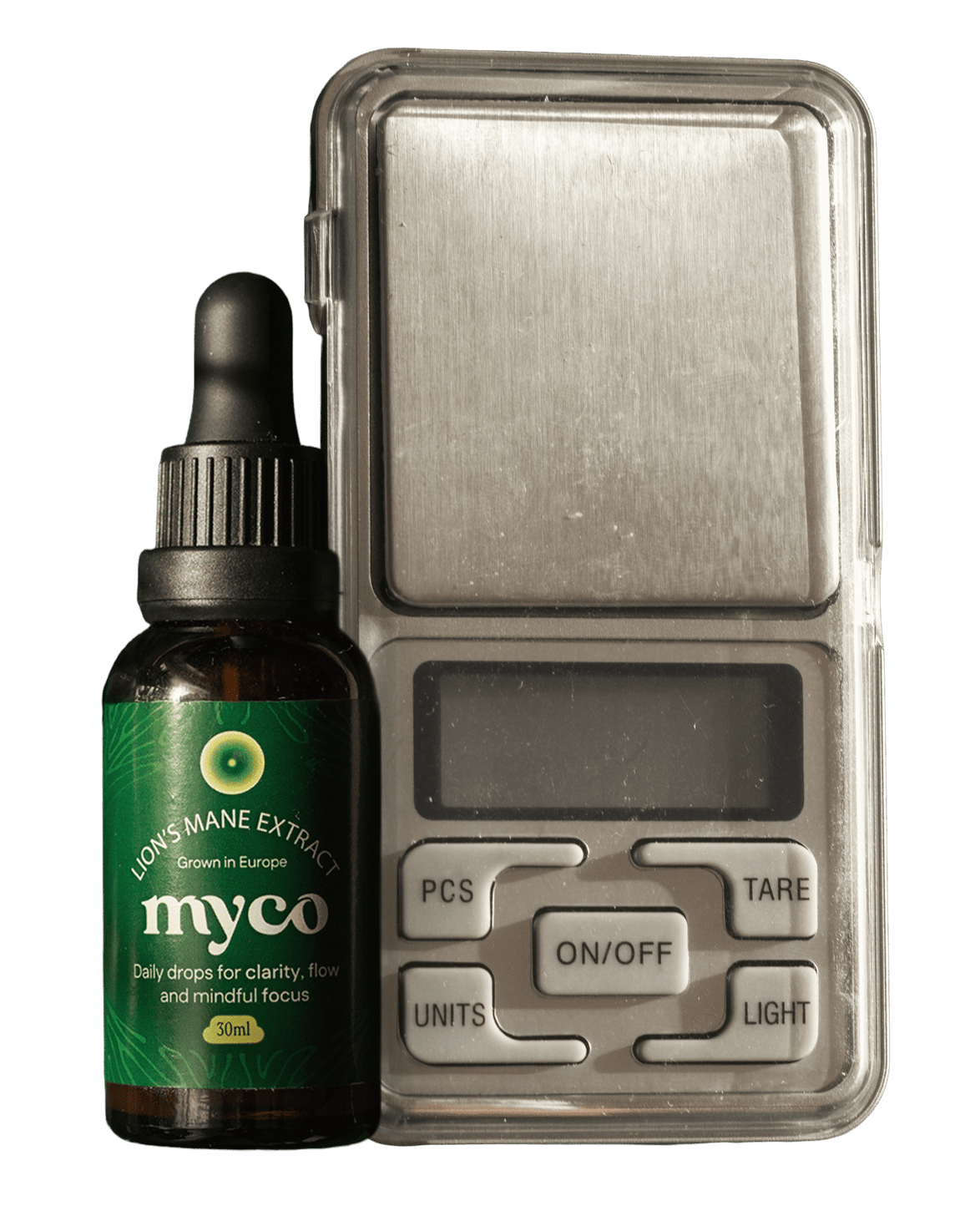 Bottle of myco lion's mane extract with a digital scale